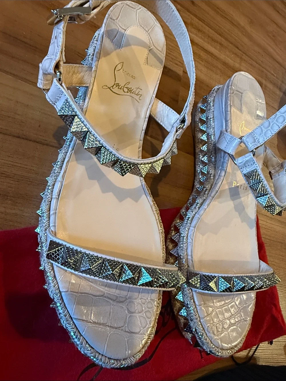 Christian Louboutin Beige Embellished Pyramid-Stud Platform Sandal size 40